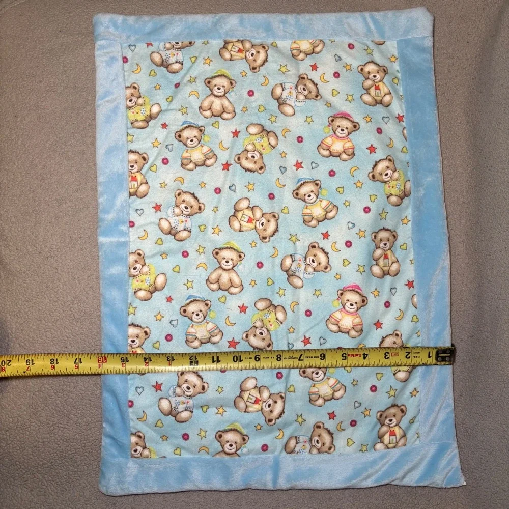 Handmade Blue Teddy Bear Minky Security Blanket Moon Stars Nursery Lovey 15x21